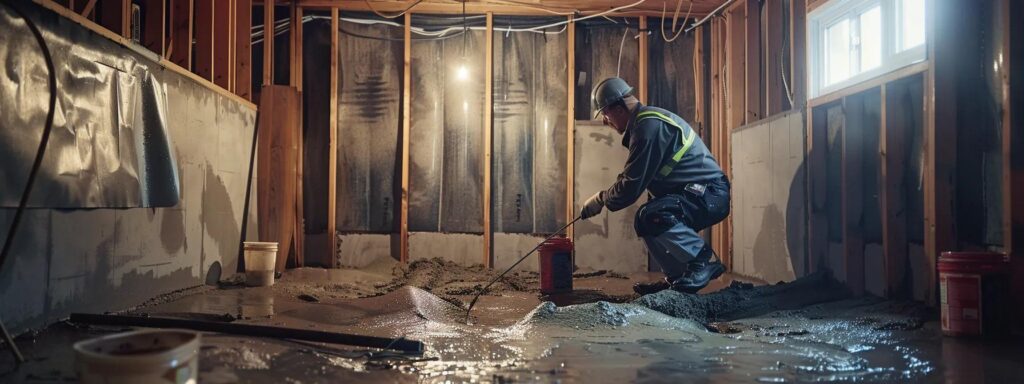 a professional basement waterproofing scene captures a contractor in safety gear applying hydraulic cement to seal cracks in the exposed concrete walls of a well-lit residential basement, with waterproofing membranes and a french drain installation underway, showcasing a clean and meticulous workspace.