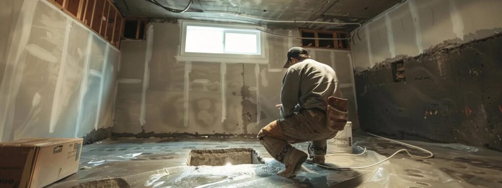 a professional contractor applies waterproofing membranes to exposed concrete walls in a well-lit basement, as another installs a french drain, showcasing effective, budget-friendly moisture control techniques in a clean, organized space.