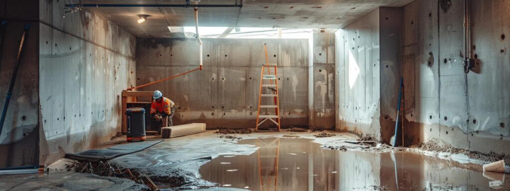 a well-lit residential basement showcases a professional waterproofing process, featuring exposed concrete walls where a contractor in safety gear meticulously seals cracks with hydraulic cement, while another installs a french drain, emphasizing the importance of effective maintenance practices for long-lasting waterproofing solutions.