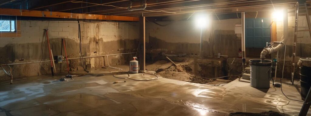 a well-lit residential basement showcases the waterproofing process, featuring exposed concrete walls, a contractor applying hydraulic cement to cracks, another installing a french drain, and a sump pump preparing for installation in a clean, professional setting.