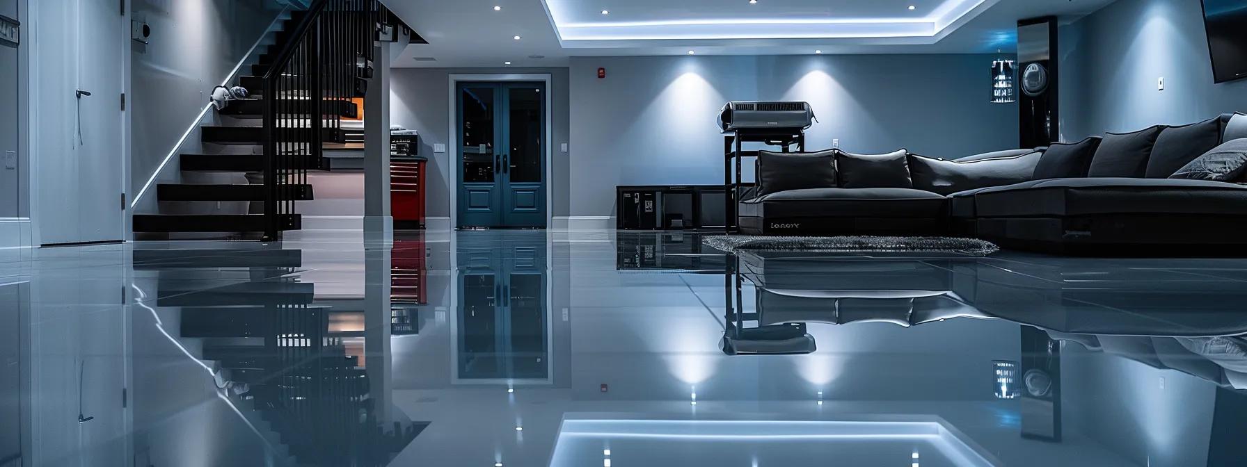a modern basement equipped with advanced waterproofing technology, showcasing sleek machinery and water-resistant materials, prominently emphasizing the theme of home security and long-term solutions.