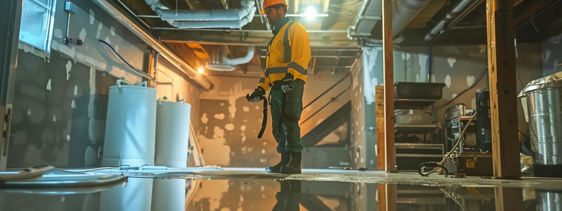 a professional technician in safety gear inspects a clean, well-lit basement filled with waterproofing equipment, highlighting advanced solutions tailored for moisture protection and foundation repair.