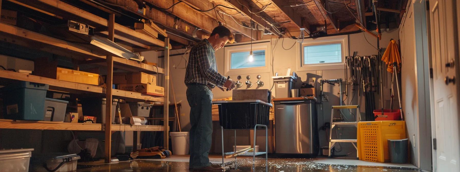 a professional waterproofing specialist inspects a well-lit, modern harrisburg basement, showcasing high-quality equipment and a meticulously organized workspace, emphasizing the advantages of expert repair solutions.