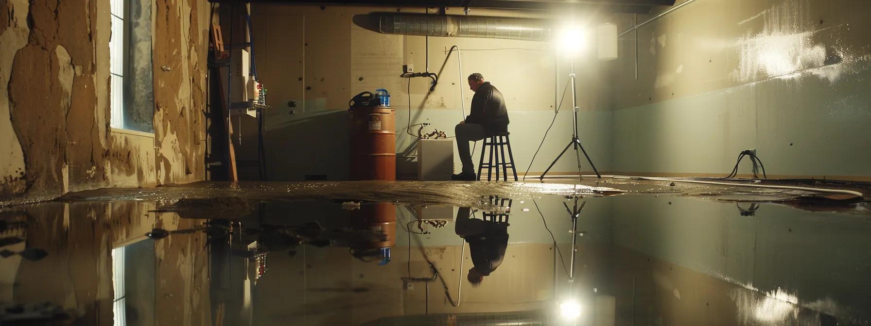 a modern basement undergoing a thorough waterproofing evaluation, showcasing a technician examining water-damaged walls with advanced equipment in a well-lit, professional setting.