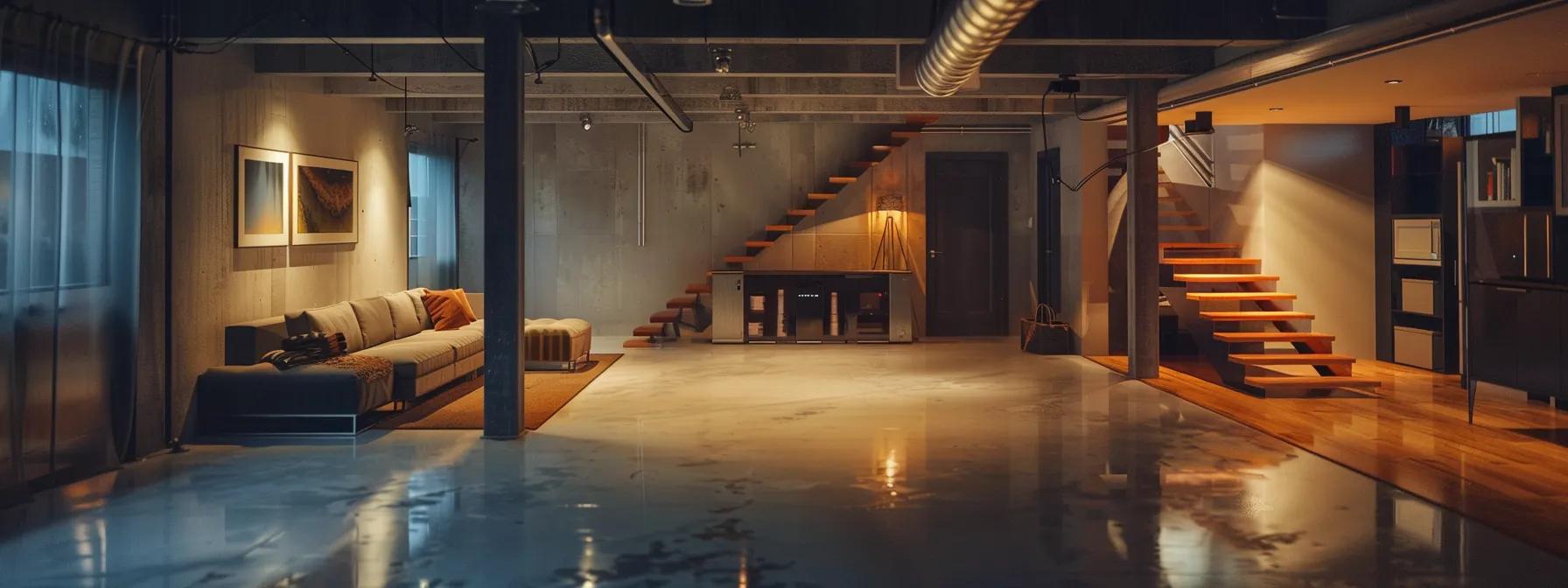 a sharply focused indoor image of a modern, well-lit basement showcasing advanced waterproofing equipment in action, emphasizing a sturdy foundation repair process to prevent structural issues in homes in harrisburg.