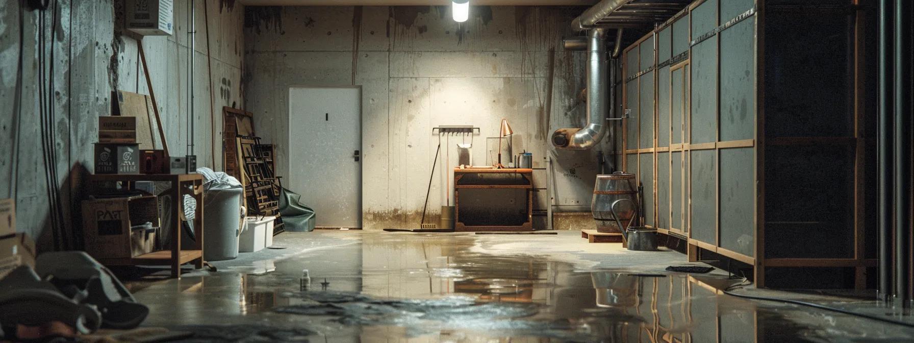 a well-lit basement undergoing professional waterproofing, showcasing experts applying advanced techniques to create a dry, secure environment, with tools and materials organized neatly around them.