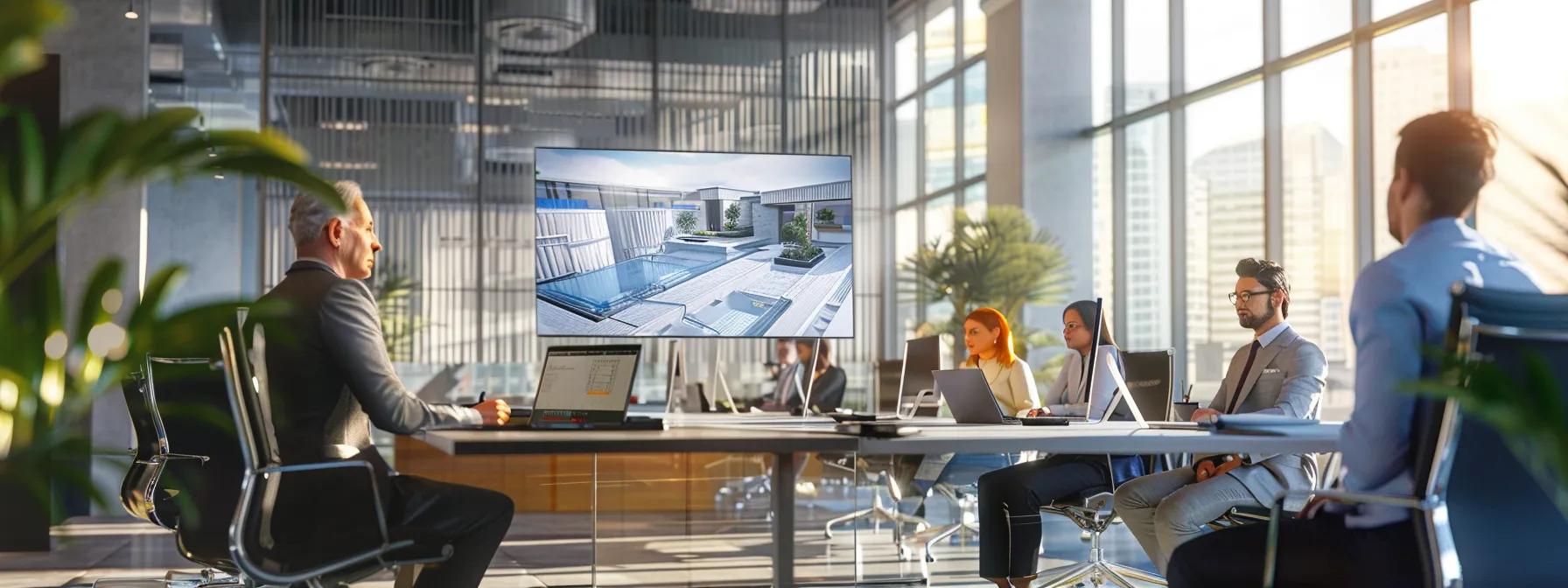 a bustling urban office environment showcases a confident contractor presenting advanced waterproofing solutions to a group of attentive clients, with detailed blueprints and certifications prominently displayed on the sleek conference table.