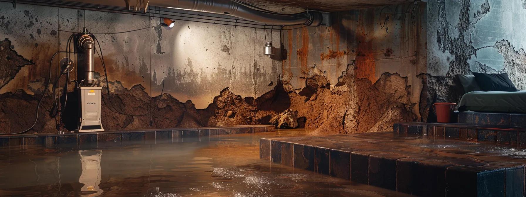 a dimly lit basement showcasing visible water stains and dampness on the walls and floor, with a modern sump pump installed in the corner, emphasizing the urgent need for interior waterproofing solutions.