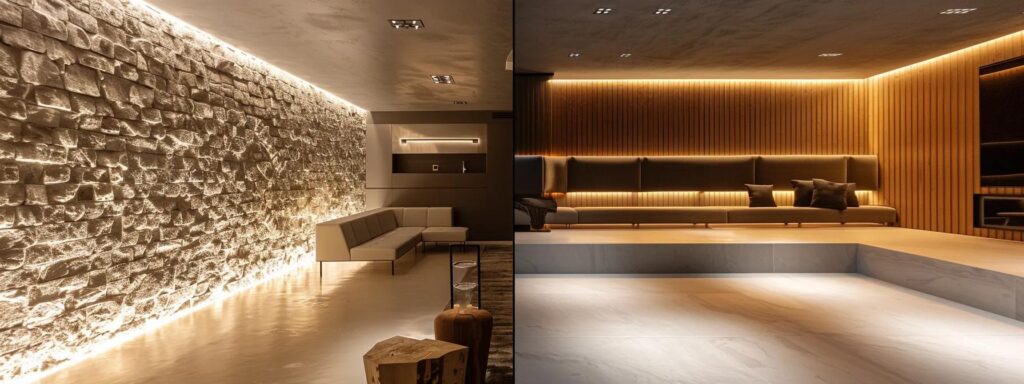 a sleek, modern basement interior showcases advanced waterproofing solutions, with visually striking before-and-after sections highlighting the effectiveness of treatment, illuminated by strong overhead lighting that emphasizes the clean, dry surfaces.