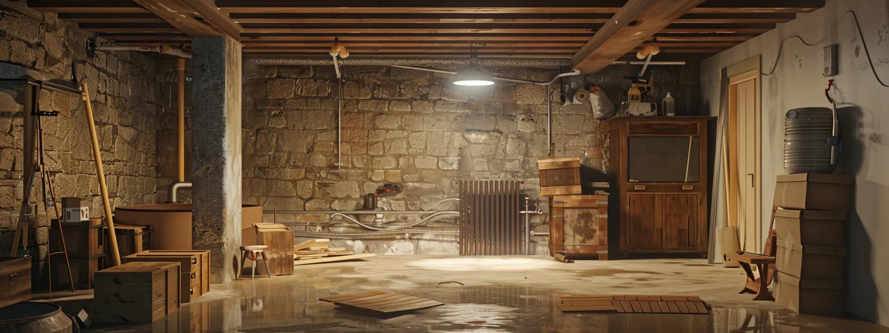 a vividly lit, professional interior scene showcasing a basement with evident waterproofing solutions in progress, featuring contractor tools and materials strategically arranged to highlight the meticulous assessment process tailored to unique basement conditions.