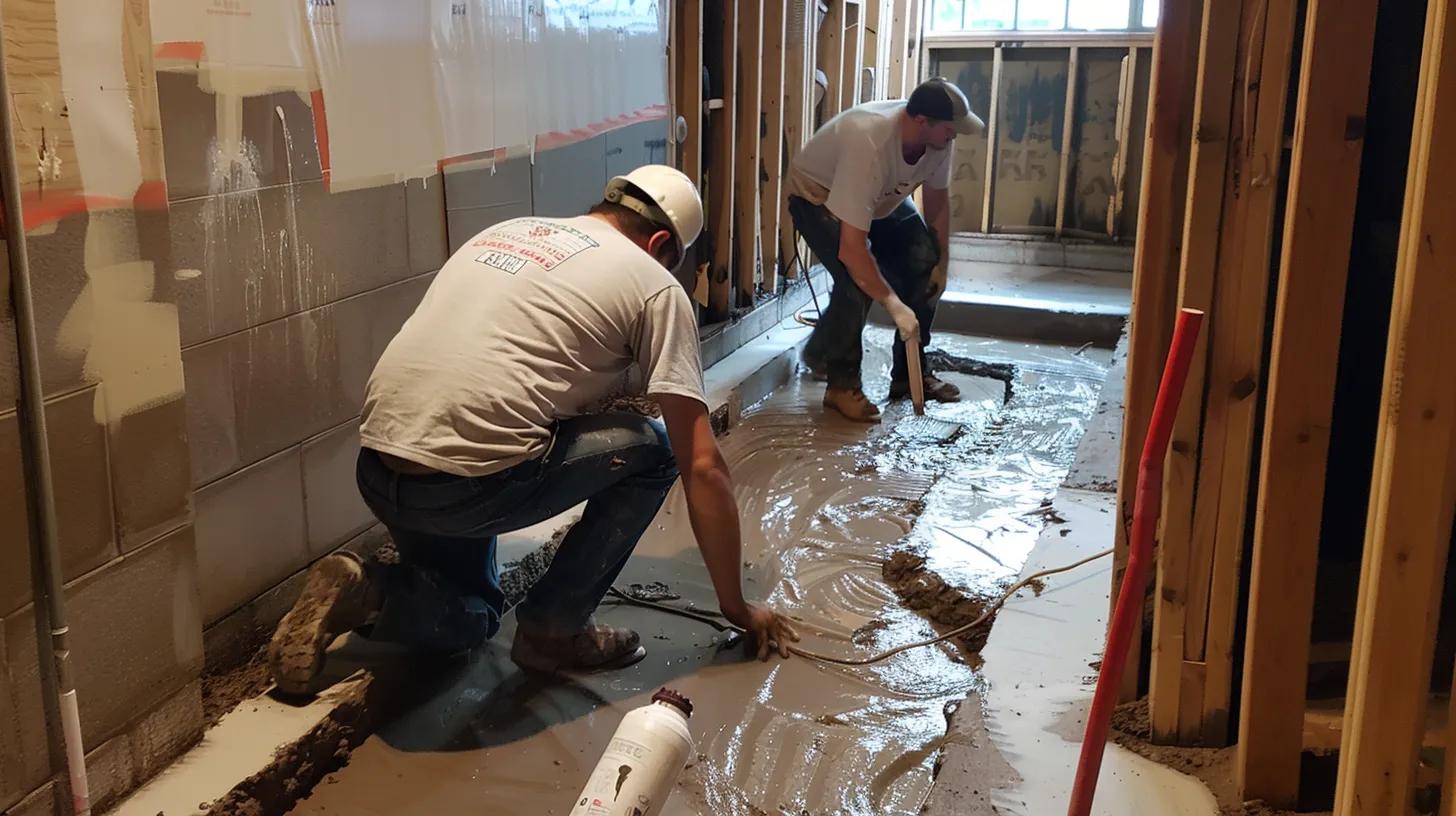 basement waterproofing team working