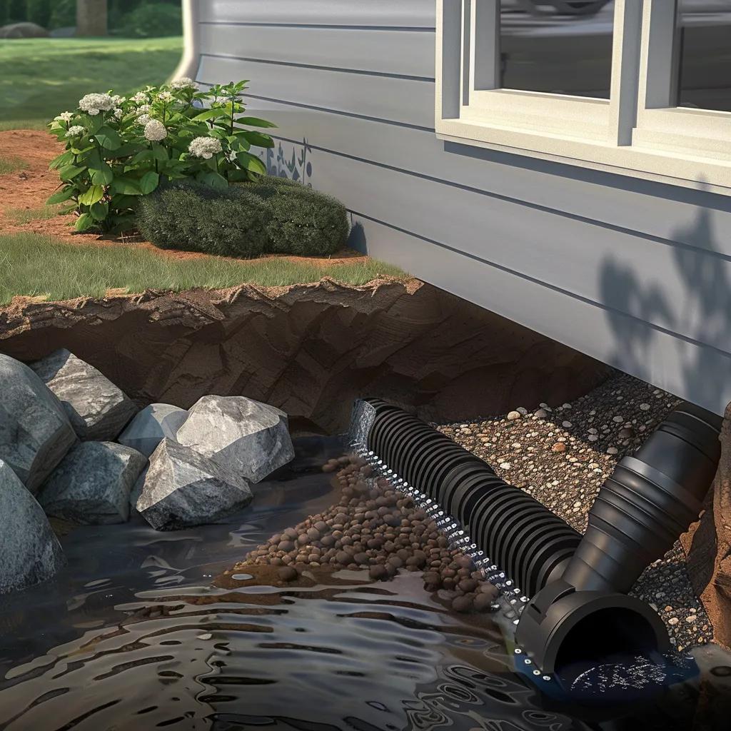 Installation of a French drain system for exterior foundation waterproofing