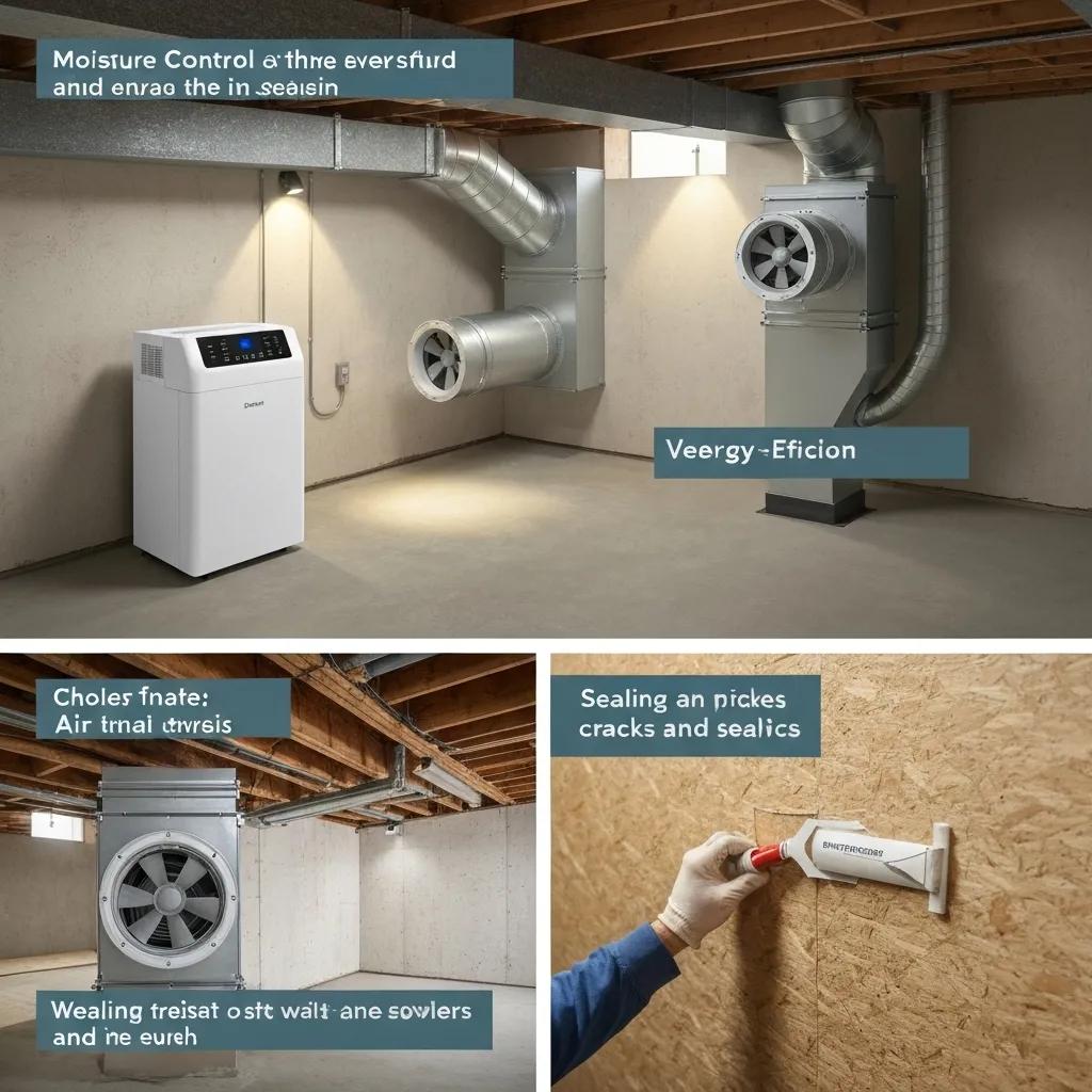 An illustration demonstrating effective basement moisture control methods, including the use of a dehumidifier and ventilation.