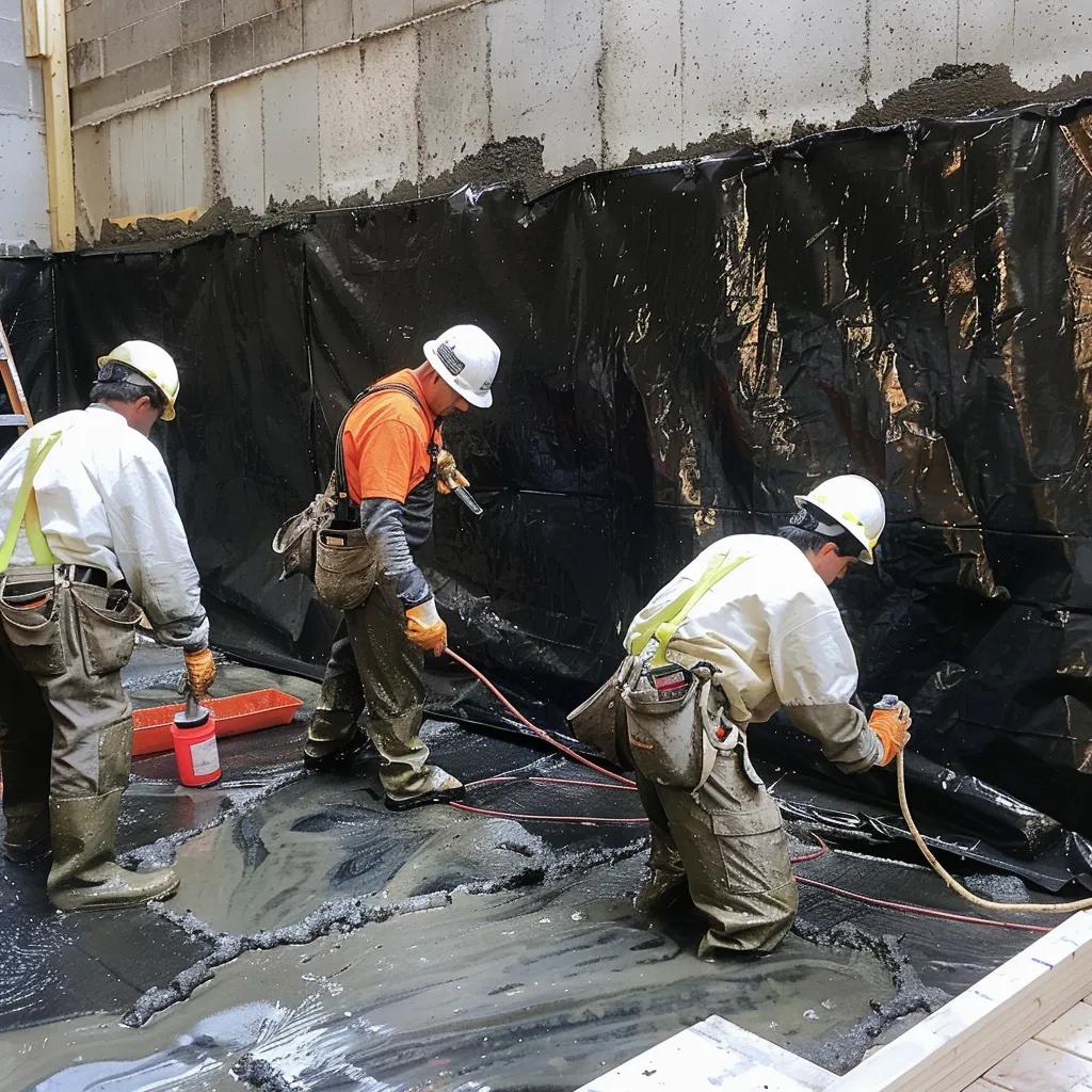 Our skilled team applying waterproof membranes during exterior basement waterproofing