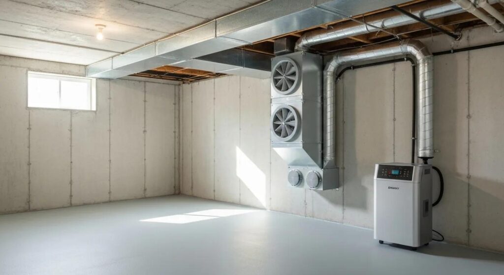 A pristine, dry basement featuring a dehumidifier and ventilation system, showcasing effective mold prevention strategies.