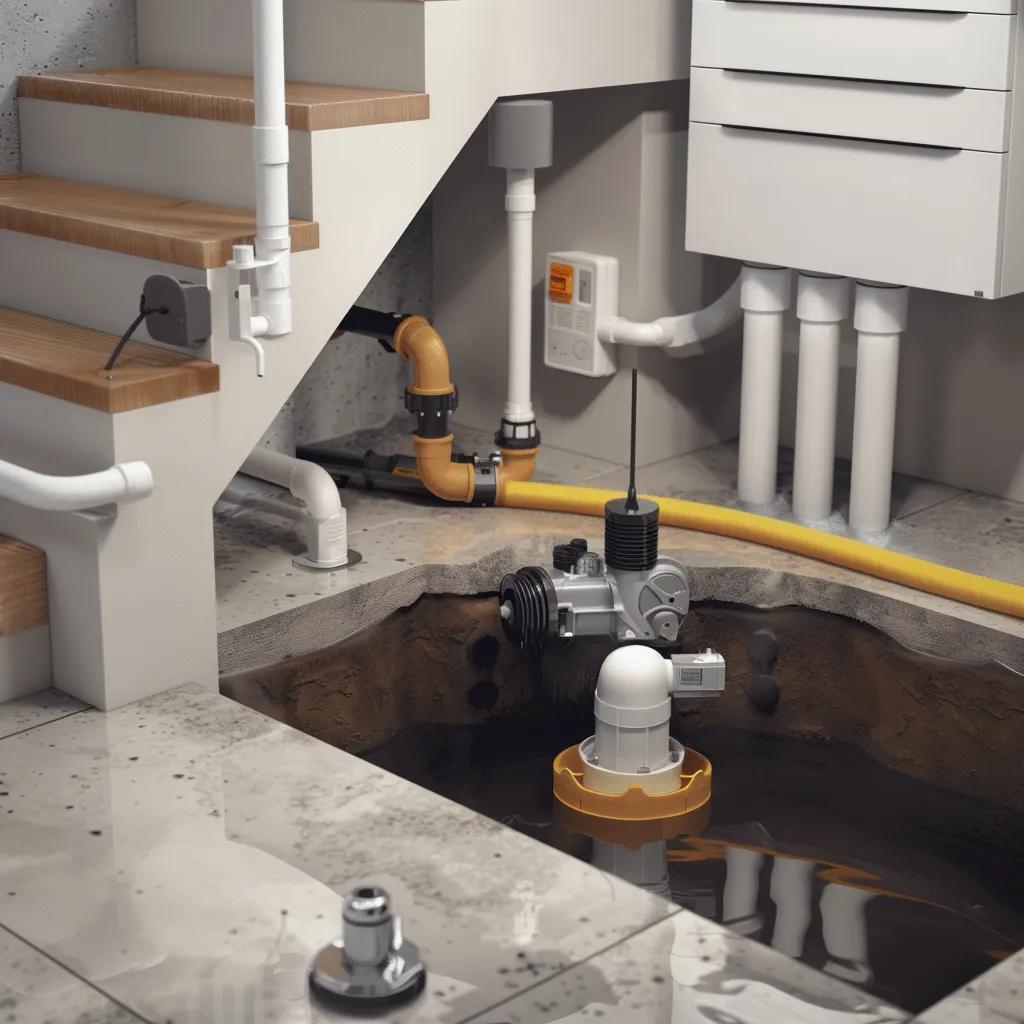 A powerful submersible sump pump expertly installed in a basement pit, actively pumping water out
