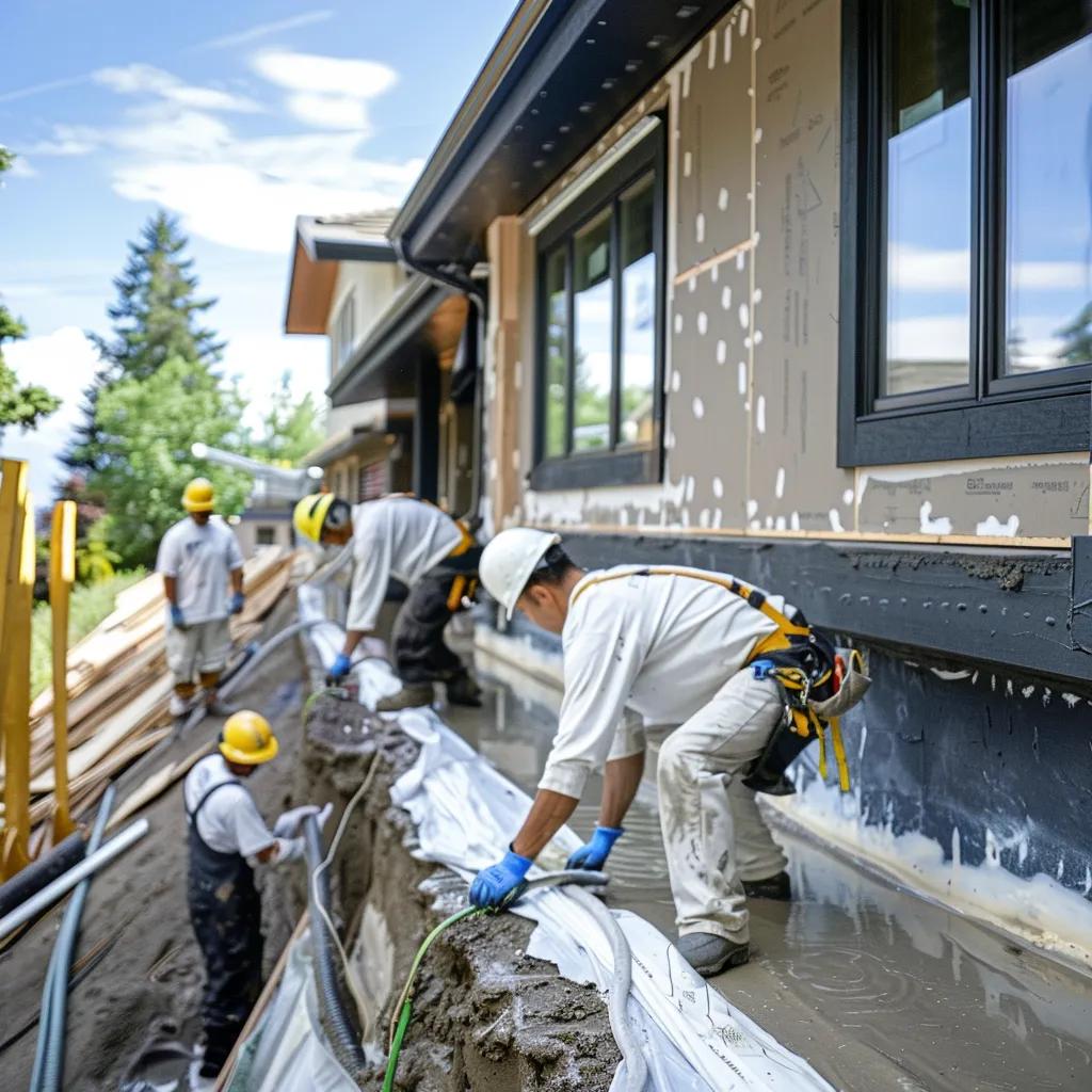 Exterior foundation waterproofing application by professionals on a residential home