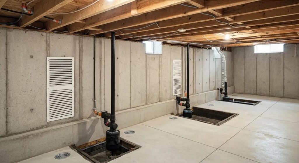 Foundation repair and basement waterproofing systems in a well-maintained basement