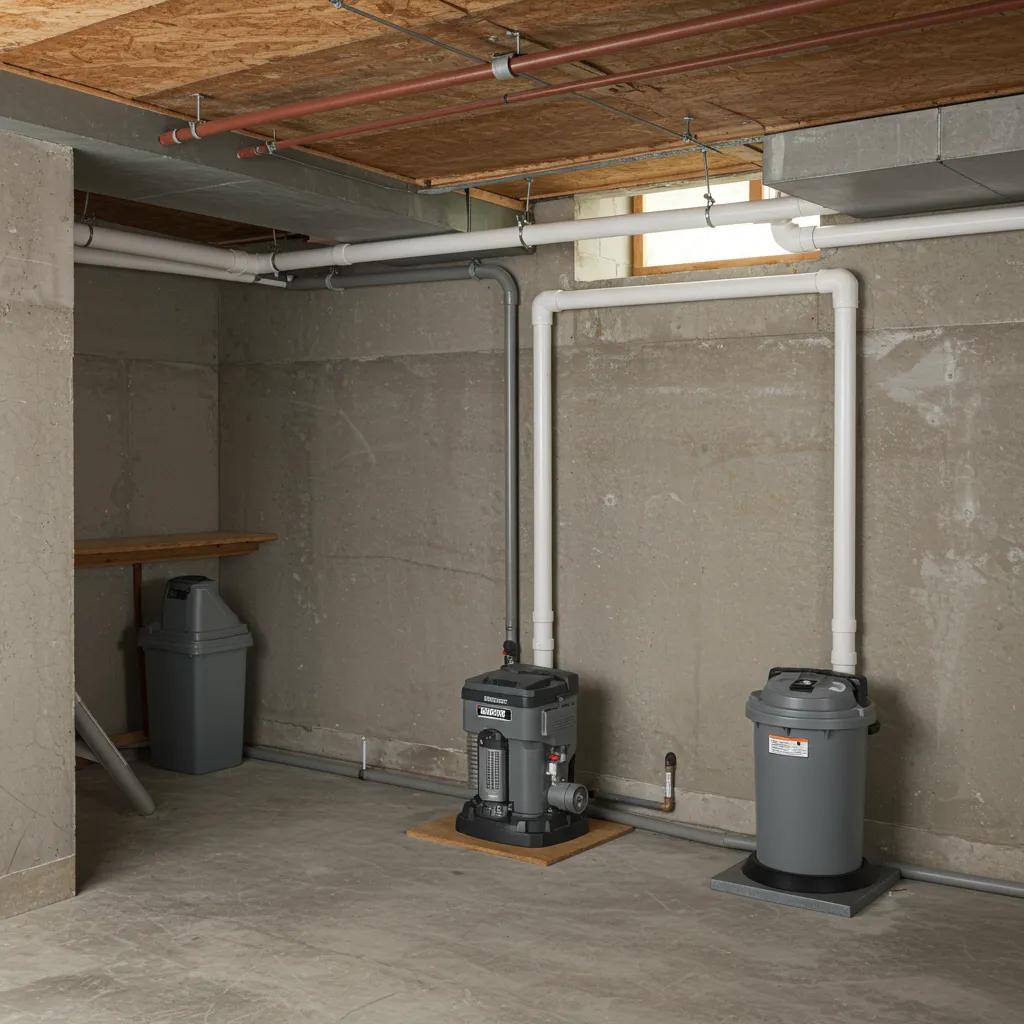 Bright and inviting basement showcasing waterproofing features like a sump pump and drainage system