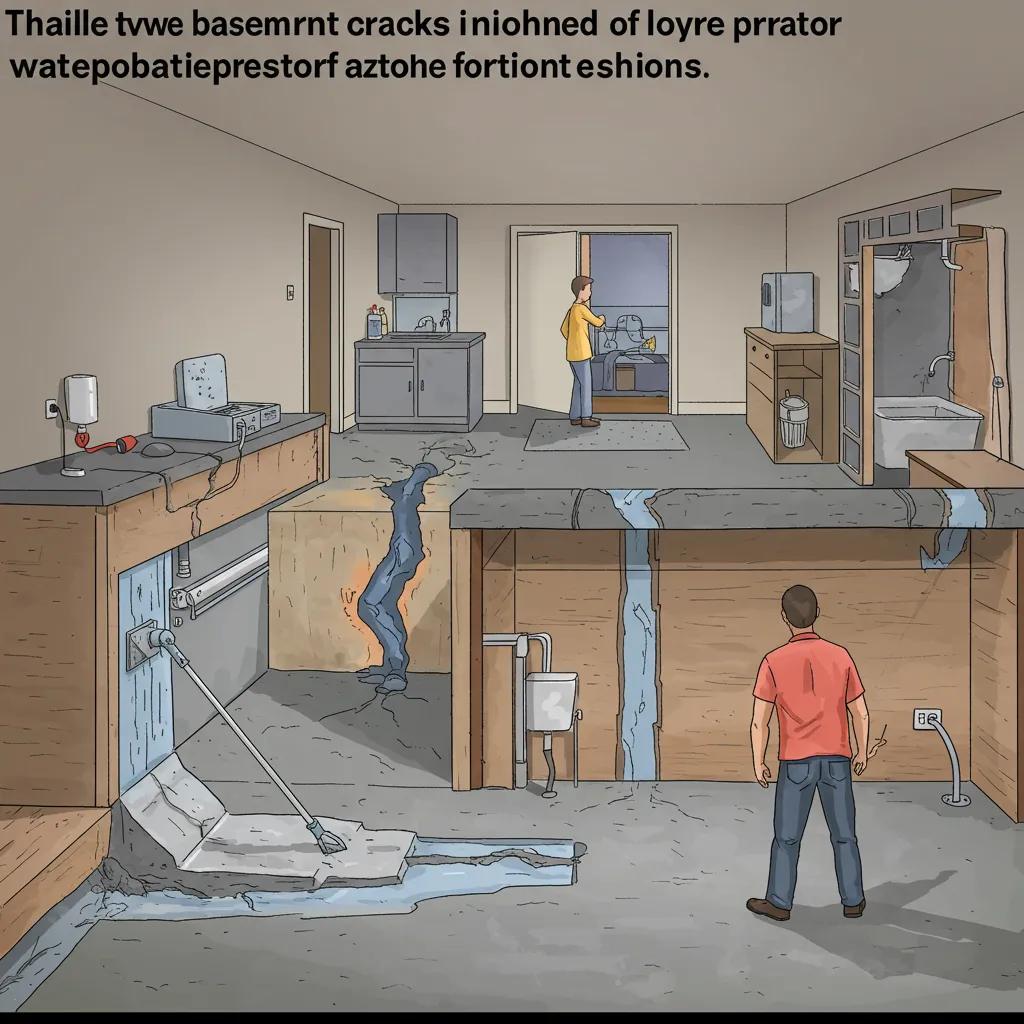 Diagram showing hairline, vertical, diagonal, stair-step, and horizontal basement cracks