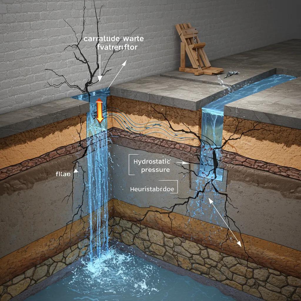 Graphic showing groundwater pushing against foundation walls and causing seepage